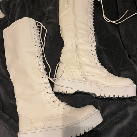 Dolls Kill Shoes - White knee high combat boot